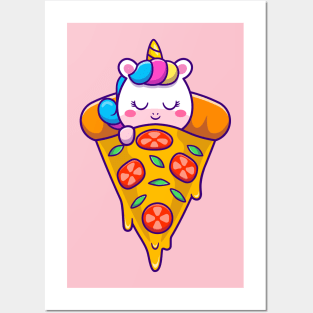 Cute Unicorn Sleeping On Pizza Cartoon Posters and Art